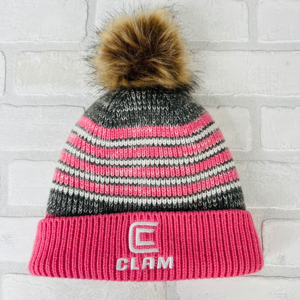Clam Outdoors Women Pink Grey Striped Fleece Lined Pom Pom Beanie Hat RN113048